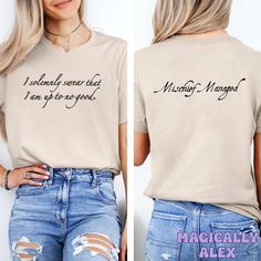 Get ready to be OBSESSED with your magic school shirt. It's the cutest and most trendy way to emit all those magical vibes! This is THE CUTEST election tshirt! Great as a potterhead gift! * Q U I C K * F A C T S * ✺ 100% preshrunk cotton ✺ Wash and dry normally (on cool for best results) * S I Z I N G * ✺ Models are wearing size XL for an oversized look ✺ Sizing is unisex so runs like men's, though not overly large ✺ Most women find their typical size works best, since they are meant to fit a to Cotton Crew Neck Fandom Top, Bookish Crew Neck Top With Character Print, Bookish Cotton Tops With Character Print, Cotton Fandom Short Sleeve Tops, Cotton Fandom Tops With Text Print, Cotton Fandom Top With Text Print, Magical School, Universal Trip, School Apparel