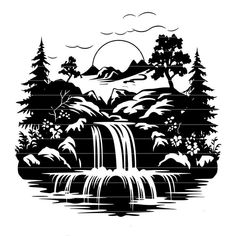 a black and white drawing of a waterfall