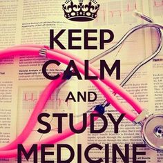 a medical stethoscope sitting on top of an open book with the words keep calm and study medicine