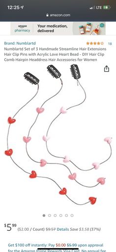 the amazon page for valentine's day is shown with hearts attached to hair clips