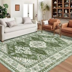 a living room filled with furniture and a green rug