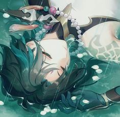 an anime character laying in the water with her eyes closed and head covered by pearls