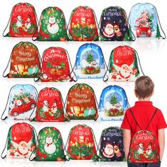 children's christmas backpacks with santa claus and snowman on them, all in different colors