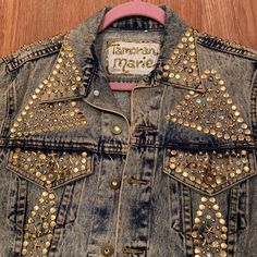 Vintage Jean Jacket Embellished With Gold Studs Handmade, Round, Stars And Diamond Stones Throughout Front And Back And The Cuff Has Diamond Buttons Beautifully Handmade Original Jacket Embellished Gold Outerwear For Spring, Spring Embellished Gold Outerwear, Gold Embellished Outerwear For Spring, Chic Fits, Vintage Jean Jacket, Sequin Appliques, Aaliyah, Suit And Tie, Vintage Jacket