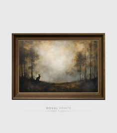 an oil painting on canvas of a deer in a forest with fog and sun coming through the trees