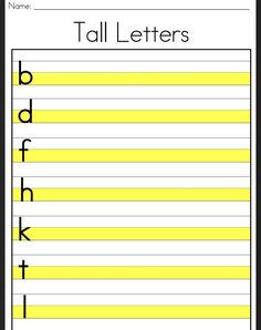 a yellow and black printable letter worksheet with the words tall letters on it