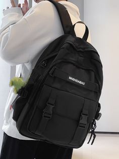 Black Fashionable   Nylon Letter Functional Backpack    Women Bags Backpack Aesthetic Black, Edgy Black School Backpack, Black Backpack For Streetwear, Functional Black Backpack For Streetwear, Black Korean Backpack, Black Bookbag, One Strap Backpack