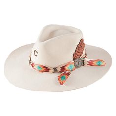 PRICES MAY VARY. 5 3/4" brim: Pinchfront crown Aztec fabric band; Wool Felt; Tooled feather detail; Ivory colored hats have different color flecks of felt in them; Turquoise concho detail; Fire branded "C" logo on crown (Will Vary) The aztec print hatband really pops off of this classic looking Charlie 1 Horse Navajo hat. Add some color to your outfit with this gorgeous hat Laney Wilson, Charlie 1 Horse Hat, Cowboy Hat Design, Charlie Horse, Custom Cowboy Hats, Aztec Fabric, Tech Clothing, Glam Boho, Pretty Hats