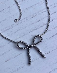 Bead Bow Necklace Grunge Style Beaded Bow Necklace With Hematite and Stainless Steel - Etsy Silver Hematite Necklace Gift, Adjustable Silver Necklace With Bow, Bead Bow Necklace, Beaded Bow Necklace, Necklace Grunge, Beaded Bow, Bow Necklace, Oct 11, Grunge Style