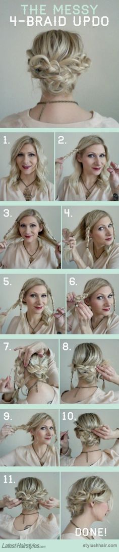 DIY Messy 4-Braid Updo Hair Plait, Sanggul Modern, Diy Updo, 4 Braids, Hair Tutorials Easy, Hair Wedding, Easy Braids, Braided Updo, Hair Envy