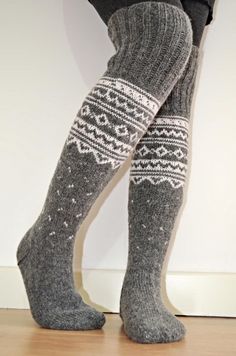 "Warm long socks with cute scandinavian pattern made with grey and white soft wool yarn. Sock ends a little above the knee. Sock length is ~ 58cm to 65cm; If you are worried about the fit, you can send me your measurements and I will do my best to make sure they fit your feet! Allergic to wool? Want different colours? Message me to discuss other options available. Currently it takes approx 1 week to make and ship these socks. Here's what customers who bought this item had to say: Here is what th Long White Socks, Pie Grande, Thick Wool Socks, Scandinavian Pattern, Wool Winter, Winter Socks, Long Socks, Wool Socks, Winter Knits