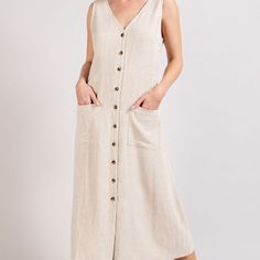 Sleeveless V-Neck Middy Dress Featuring Two Front Pockets And A Button Down Front Closure. Really Nice Linen Blend Fabric. Middy Dress, Button Down Midi Dress, Cell Phone Holster, Sleeveless Long Dress, Button Down Dress, A Button, Pajama Shirt, Walker Boots, Fit N Flare Dress