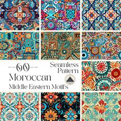 an assortment of different patterns in blue, red and orange colors with the words 80 moroccan middle eastern motifs