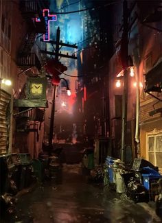 an alleyway at night with street lights and trash cans on the ground in front of it