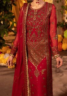 Introducing our new collection 'Chamak Damak' by Asim Jofa designed to make you look and feel your best these pieces will add a touch of class and elegance to your wardrobe. A tapestry of red adorned with olive green threadwork and antique gold sequins, it exudes opulence and sophistication. The interplay of two-toned deep gold zariwork adds depth and richness to its allure. With grand borders and a majestic neckline, this ensemble epitomizes regal grandeur. Embrace the allure of royalty and grace every occasion with unmatched magnificence. Embroidered Front Center Panel on Chiffon Embroidered Front Side Panel Left and Right on Chiffon Embroidered Back With Border on Chiffon Embroidered Sleeve With Border on Chiffon Embroidered Border for Front Hemline on Chiffon Embroidered Chaak for Fron Festive Red Chiffon Dupatta, Unstitched Red Silk Dress, Red Chiffon Dupatta For Eid, Traditional Red Chiffon Dress, Red Chiffon Dress For Eid, Red Silk Dress With Intricate Embroidery, Red Silk Dress With Sheer Dupatta, Velvet Anarkali, Batik Print Dress