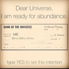 a fake bank card with the words dear universe, i am ready for abundance in it