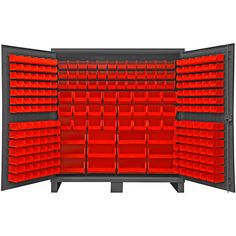 a large display case with red bins on it