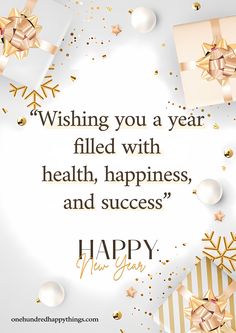 a happy new year greeting card with presents and gold foil stars on it, which reads wishing you a year filled with health, happiness and success