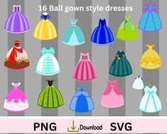 the princess dresses are all different colors and sizes, but there is no image to describe