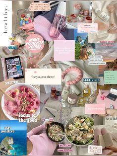 the collage is full of pink and white items