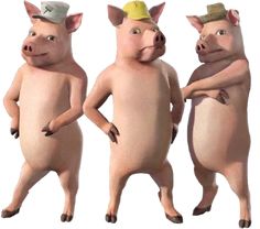 three pigs standing in different poses with hats on their heads and arms wrapped around each other