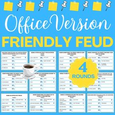 the office version of friendly fud 4 rounds is shown in blue and yellow, with coffee