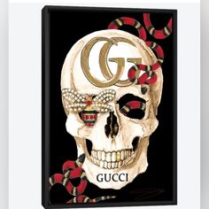 a skull with a gucci logo on it's face and snake around its neck