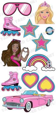 barbie dolls and roller skates are shown in this image, with the word barbie above them