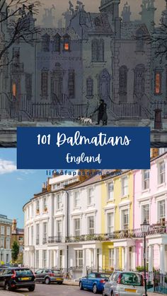 two pictures with the words 101 dalmatians england in front of them and an image of