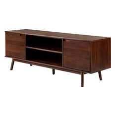 the sideboard is made out of wood and has two doors on one side, with an open shelf at the top