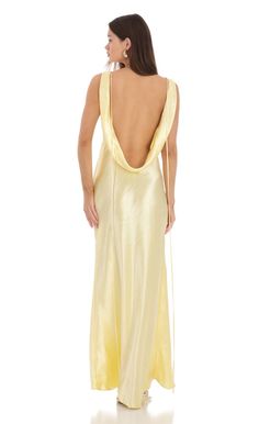 Satin Cowl Neck Maxi Dress in Yellow | LUCY IN THE SKY Yellow Sequin Dress, Prom Dresses Flowy, Yellow Satin Dress, Yellow Formal Dress, Light Yellow Dresses, Satin Ruffle Dress, Cowl Back Dress, Silk Yellow Dress, Cowl Neck Maxi Dress