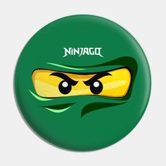 a button with the word ninja on it and eyes in front of a green background