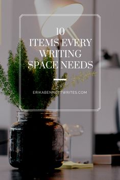 a jar filled with plants on top of a wooden table next to a light bulb