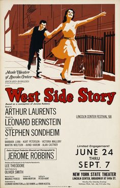 an old movie poster for west side story with two people dancing on the street and one man holding his arm out