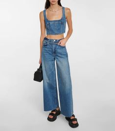 Chic Cropped Cotton Denim Top, Trendy Cropped Cotton Denim Top, Denim Cotton Crop Top, Belted Jeans, Denim Bustier, 2024 Outfits, Designer Shopping, Baggy Style, Blue Frames