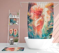 a bathroom with a shower curtain, rug and bathtub in the shape of a mermaid