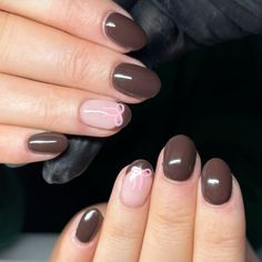 Gel Nails Brown, Brown Nails Almond, Biab Gel Nails, Ribbon Nails, Short Coffin Nails Designs, Bow Nails, Brown Nails Design, Punk Nails