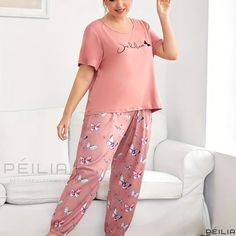 Peilia - Plus Size Womens Butterfly and Letter Print Loungewear Set | Short Sleeve Round Neck Tee and Joggers Pajamas 2-Piece Set Comfortable Pink Short Sleeve Sets, Comfortable Short Sleeve Pink Sets, Pink Sleepwear With Letter Print For Pajama Party, Pink Crew Neck Sets With Letter Print, Pink Letter Print Sets For Pajama Party, Loungewear Set Shorts, Lounge Wear Set, Alphabet Style, Round Neck Tees