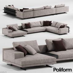 the sectional sofa has many pillows on it and is ready to be used as a couch