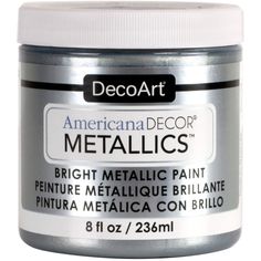 the metallic paint is white and has black lettering on it that says,'american decor metallics bright metallic paint