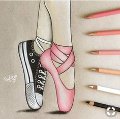 a drawing of a person's feet with pink shoes and colored pencils next to them