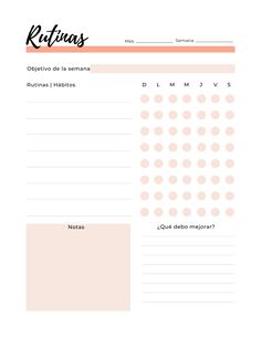 a printable planner with pink dots on the side and black lettering that says refines