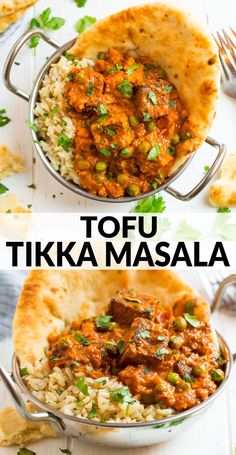 tofu tikka masala in a bowl with rice and cilantro on the side