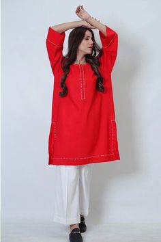 Spring Red Kurta With Resham Embroidery, Red Floral Embroidery Kurta For Eid, Red Dress Pakistani Casual, Red Tunic Kurta With Resham Embroidery, Red Embroidered Cotton Kurta, Pakistani Summer Dresses, Decent Dresses, Aesthetic Dressing, V Neck Crochet