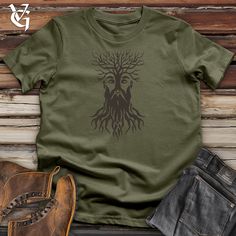 Embrace your uniqueness with our Entwined Roots Visage Cotton Tee! Featuring a one-of-a-kind design, this tee is perfect for those who don't take themselves too seriously. Made from comfortable cotton, it's the perfect blend of quirky and stylish. 100% Airlume combed and ring spun cotton Machine wash cold with like colors, dry low heat. *THIS PRODUCT WILL SHRINK* Lightweight, Classic unisex fit, Double-needle sleeve and bottom hem Boots & Jeans pictured are sold by Origin, a Pete Roberts & Jocko Fashion Forest, Roots Design, Boots Jeans, Reptiles Pet, Steel Blue, Mother Earth, Tee Shop, Modern Fit, Full Sleeve