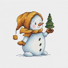 a snowman with a christmas tree in his hand is shown on the cross stitch pattern