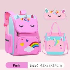 Adorable backpack with happy unicorn eyes and silver horn. Side pockets perfect for hauling water bottles and accessories. Large front pocket with rainbow and hearts + main enclosure with double zippers. Reinforced top loop for carrying and hanging. Extra thick lined adjustable shoulder straps for comfort and easy hauling. Matching lunch box and pencil bag. Three piece set. Large capacity backpack: 16.15” x 12.2” x 7.5” Lunch bag: 13.5" x 9.8" x 4" Available in three color options: Navy blue bac Unicorn Eyes, Happy Unicorn, Navy Blue Bag, Unicorn Backpack, Pen Pattern, Backpack Set, Girl Rainbow, School Bags For Girls, Cute Handbags