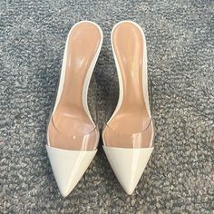 Bought Online On The Real Real For $150 But Are Too Small For Me. These Shoes Come Small. I Think It Would Fit A Size 7 Or 8 Not A 9 Us. No Returns Chic Clear Closed Toe Heels, Chic Clear Closed-toe Heels, White Sculpted Heel Cocktail Heels, Chic Clear Pointed Toe Heels, Chic Clear Heels With Pointed Toe, White Open Heel Office Heels, White 4-inch Heels For Cocktail, Chic Clear Heels, Chic Clear Heels For Formal Occasions