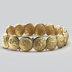 Discover our Italian Gold Cuff Bracelet, a stunning blend of history, elegance, and luxury. Crafted in Italy from 18k/14k genuine gold, it features 15 antique Greek and Roman coin reproductions alongside natural diamonds. This bracelet is a modern masterpiece with a timeless touch, capturing the essence of ancient civilizations and Italian craftsmanship. It's not just jewelry; it's a symbol of heritage and sophistication, making it an exquisite addition to any collection. Wrist measurement: Large 159- 171 mm 6.26-6.75 in. Gemstones : 0,18 Ct total w. 18k or 14k Gold Designed and crafted in Italy Italian Gold Jewelry, Diamond Cuff Bracelet, Gold Cuff Bracelet, Antique Coins, 2024 Style, Gold Armband, Italian Craftsmanship, Italian Jewelry, Gold Bracelet Cuff