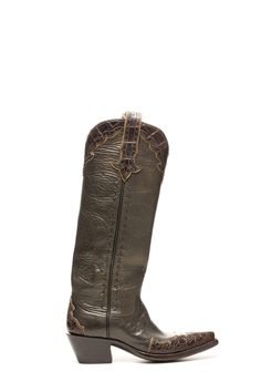 A contemporary, elegantly high, feminine pair of cowboy boots that make your legs look long and slender. Worn with skinny jeans or a party dress depending on the occasion, they're sure to turn heads.,This olive green " Majestic' model is an eye-catcher, 15.5 inches high, composed of the softest goatskin, buck- stitched along the side seams, and with an added layer of scalloped Nile crocodile skin tanned in South Africa on the wingtip, heel counter, and collar.The skin is unusual; a goatskin tann Nile Crocodile, Boot Companies, Cashmere Jacket, Crocodile Skin, Beautiful Boots, Tan Skin, Shearling Jacket, Denim Pant, Leather Handmade